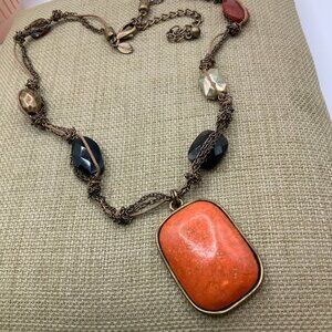Chico's Vintage Faux Coral Glass Multi Colored Stones Gold Tone Necklace